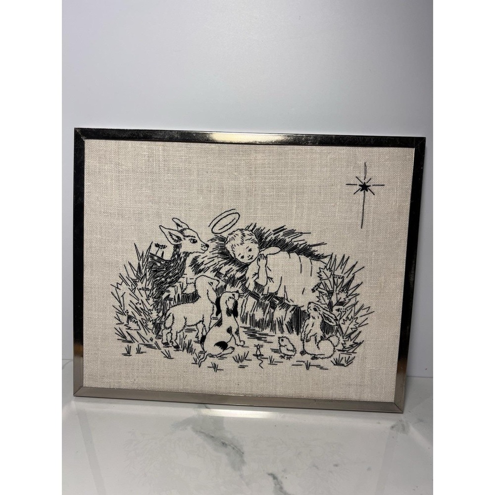 VTG Christmas Nativity Scene With Animals Embroidery Picture Framed